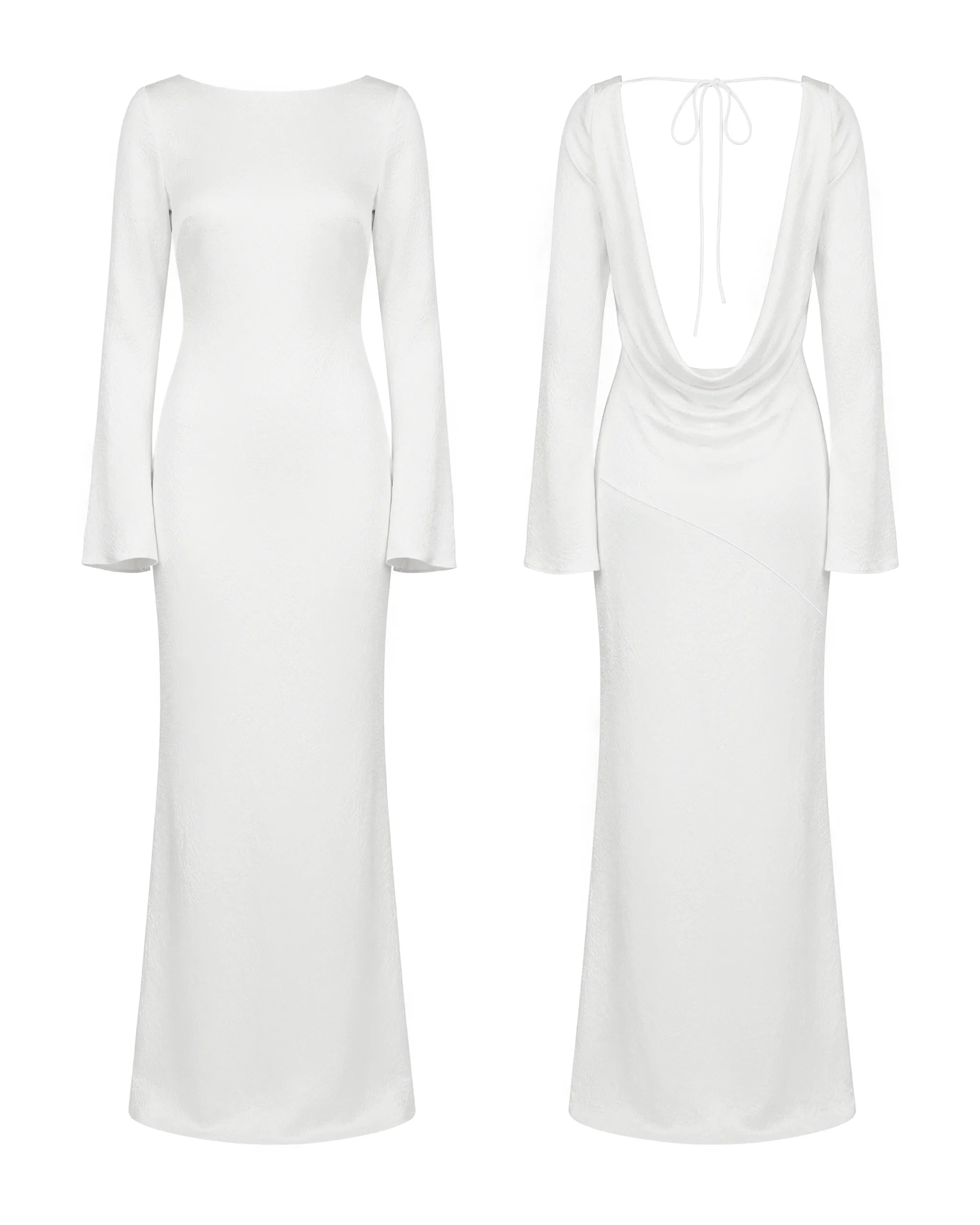 Schlichtes Langarm Hochzeitskleid aus Satin in Ivory mit U-Boot-Ausschnitt und rückenfreiem Wasserfallausschnitt