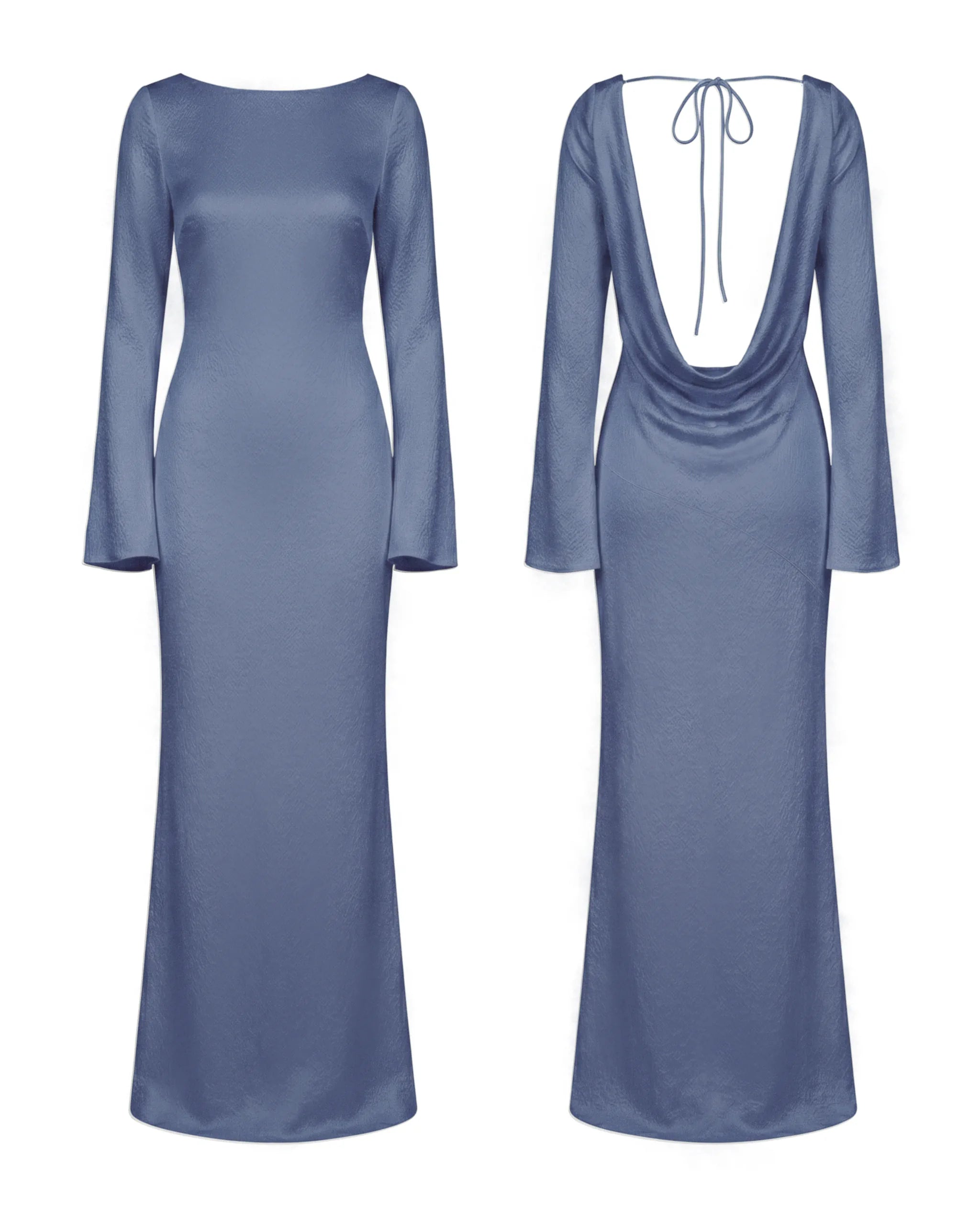 Dunkelblaues Langarm Abendkleid aus Satin mit U-Boot-Ausschnitt und rückenfreiem Wasserfallausschnitt