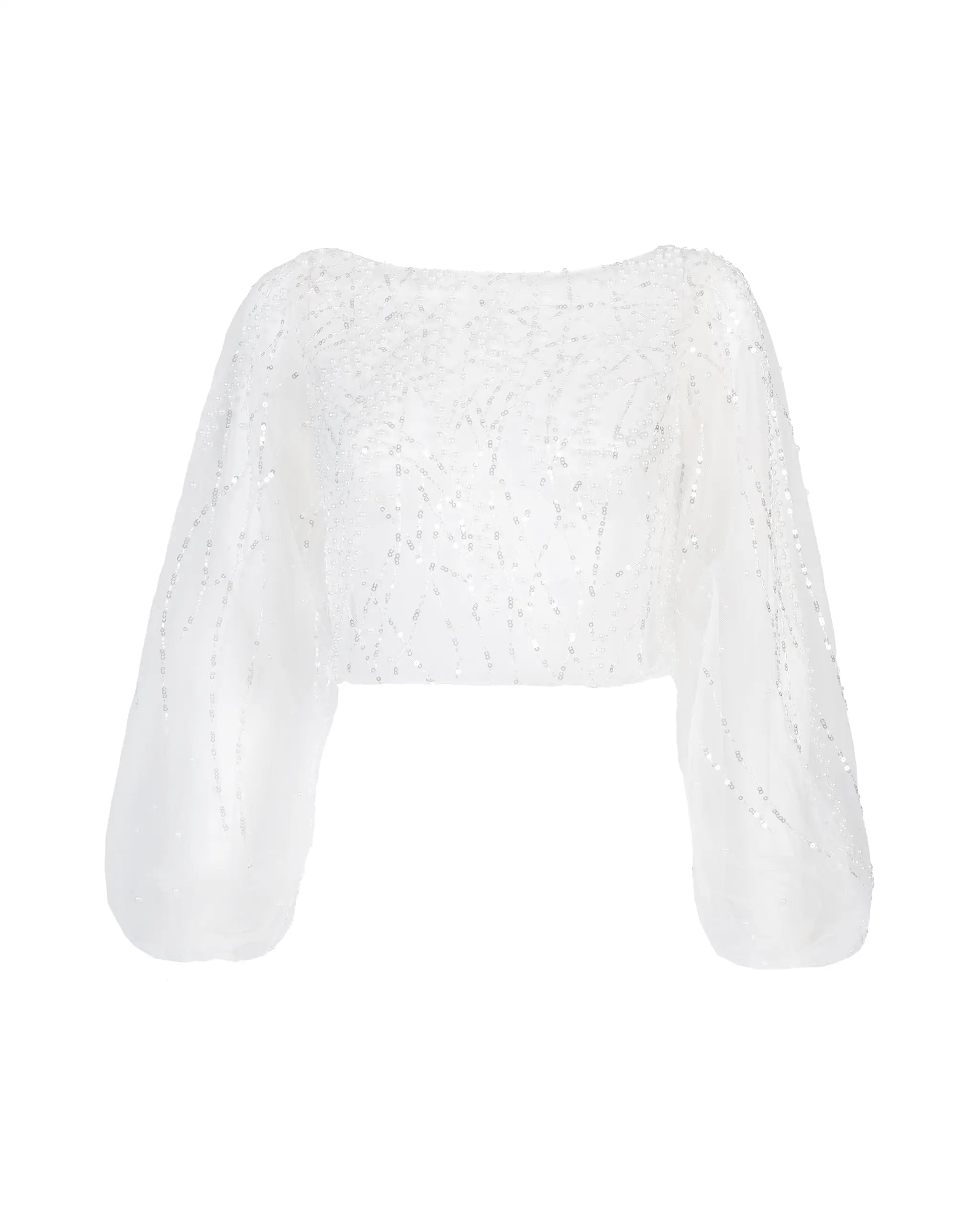Perlenverzierte Tüll Braut Bluse mit langen Ärmeln Freisteller vorne