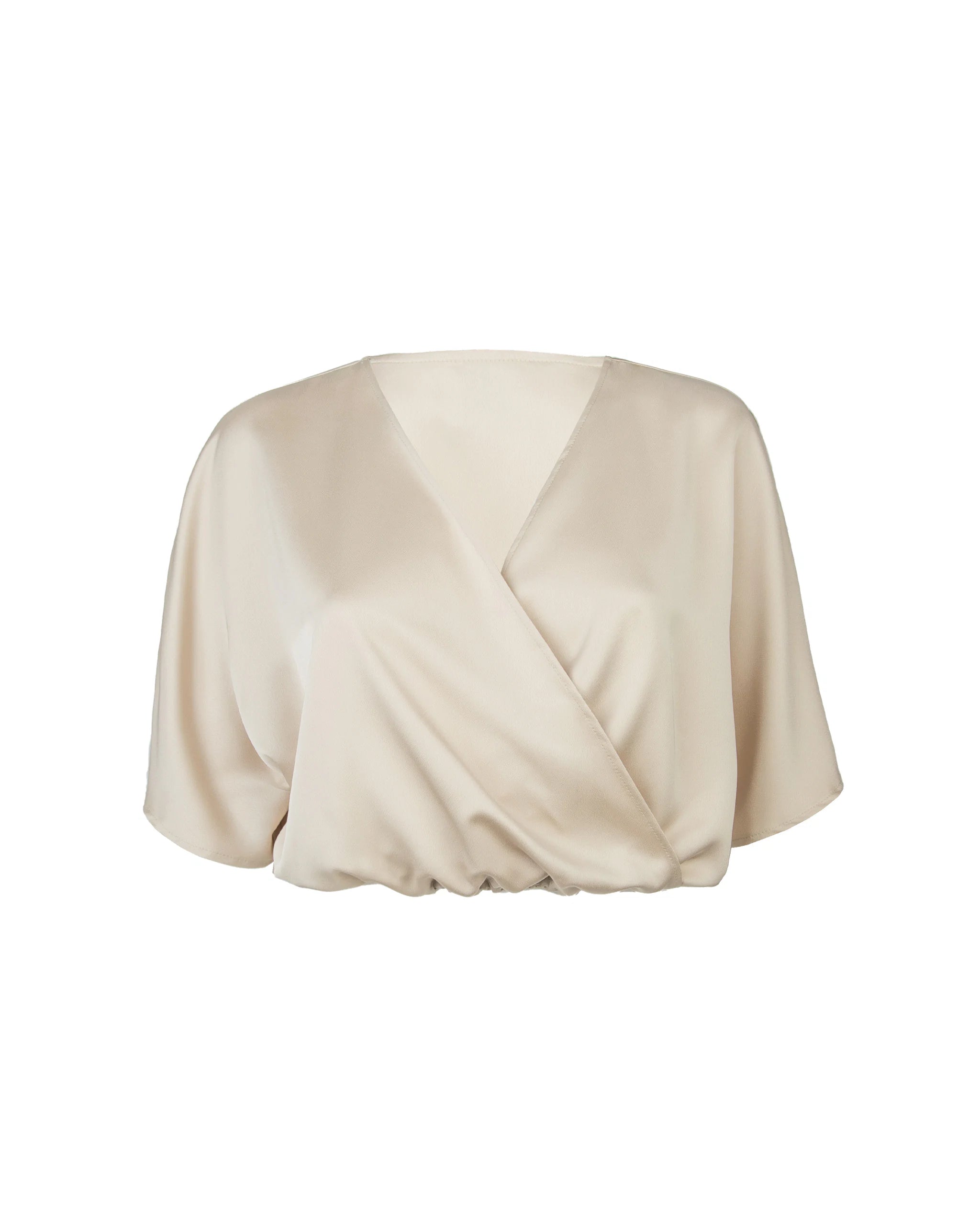 Kurze Satinbluse mit V-Ausschnitt Champagne Freisteller vorne