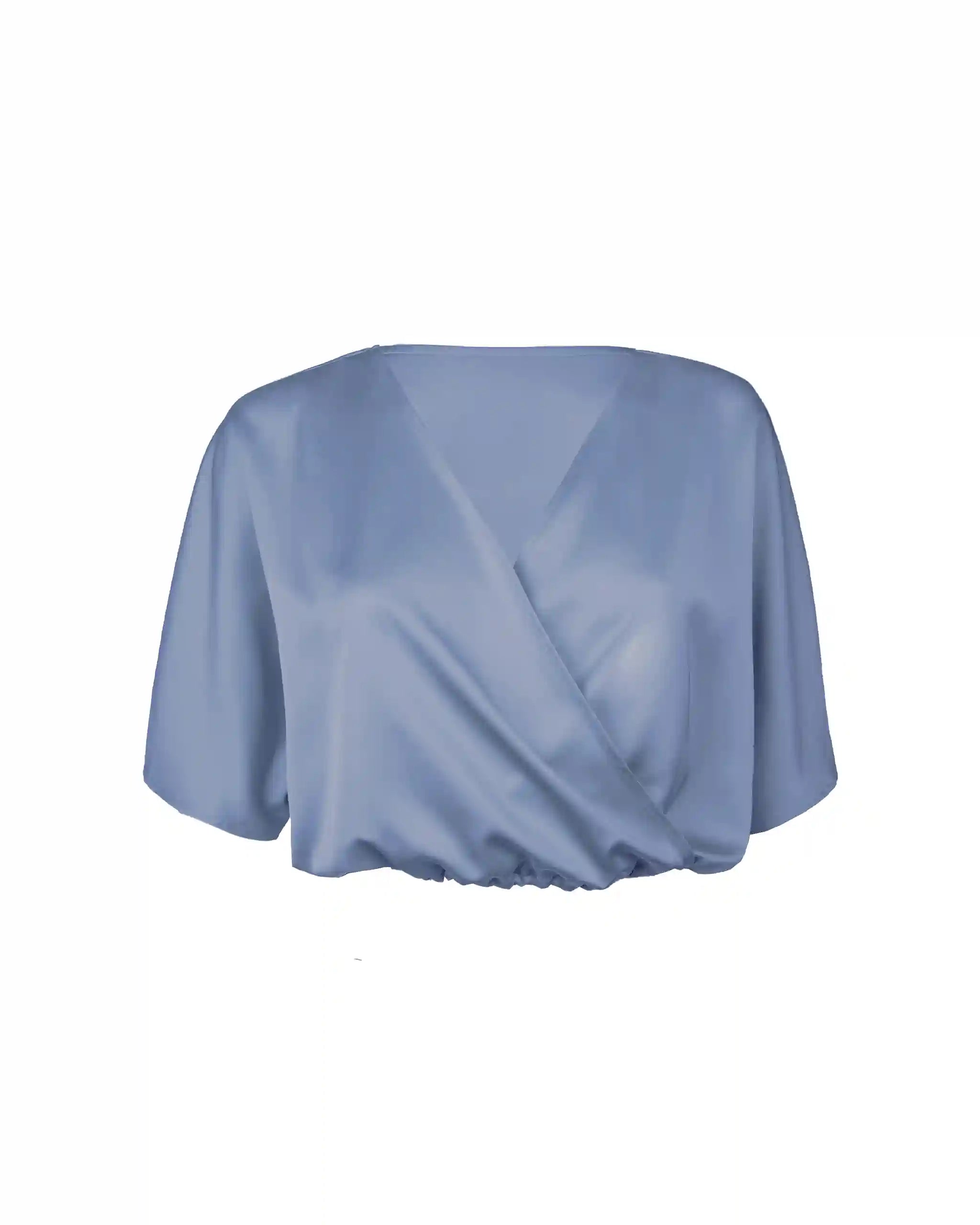 Kurze Satinbluse mit V-Ausschnitt in something blue Freisteller vorne