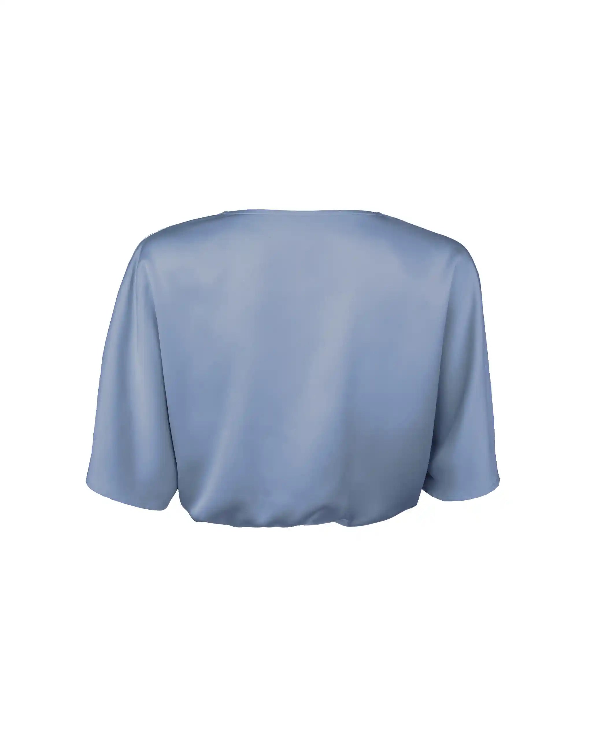 Kurze Satinbluse mit V-Ausschnitt in something blue Freisteller hinten