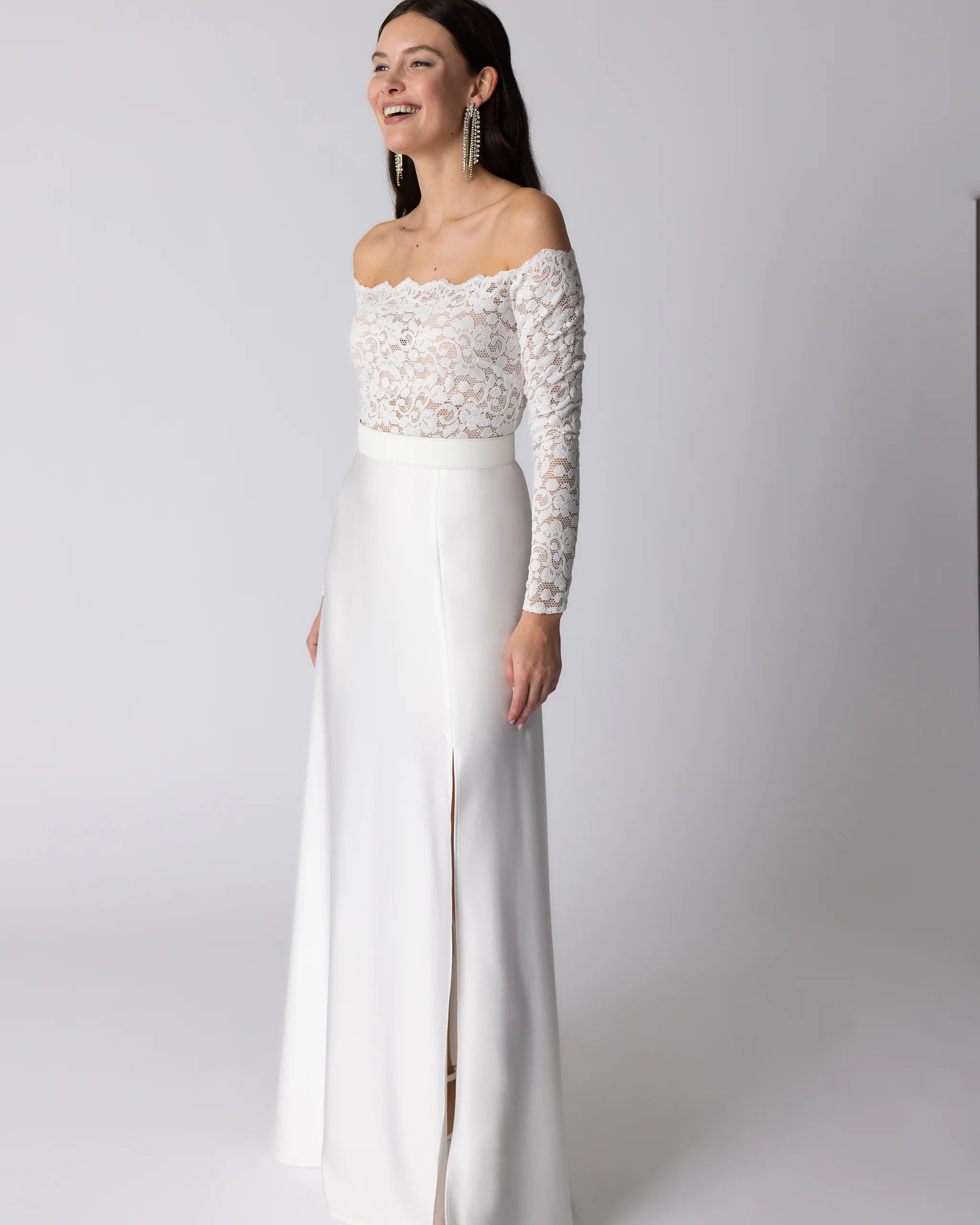 Off-Shoulder Boho langarm Brautbody Ansicht seitlich