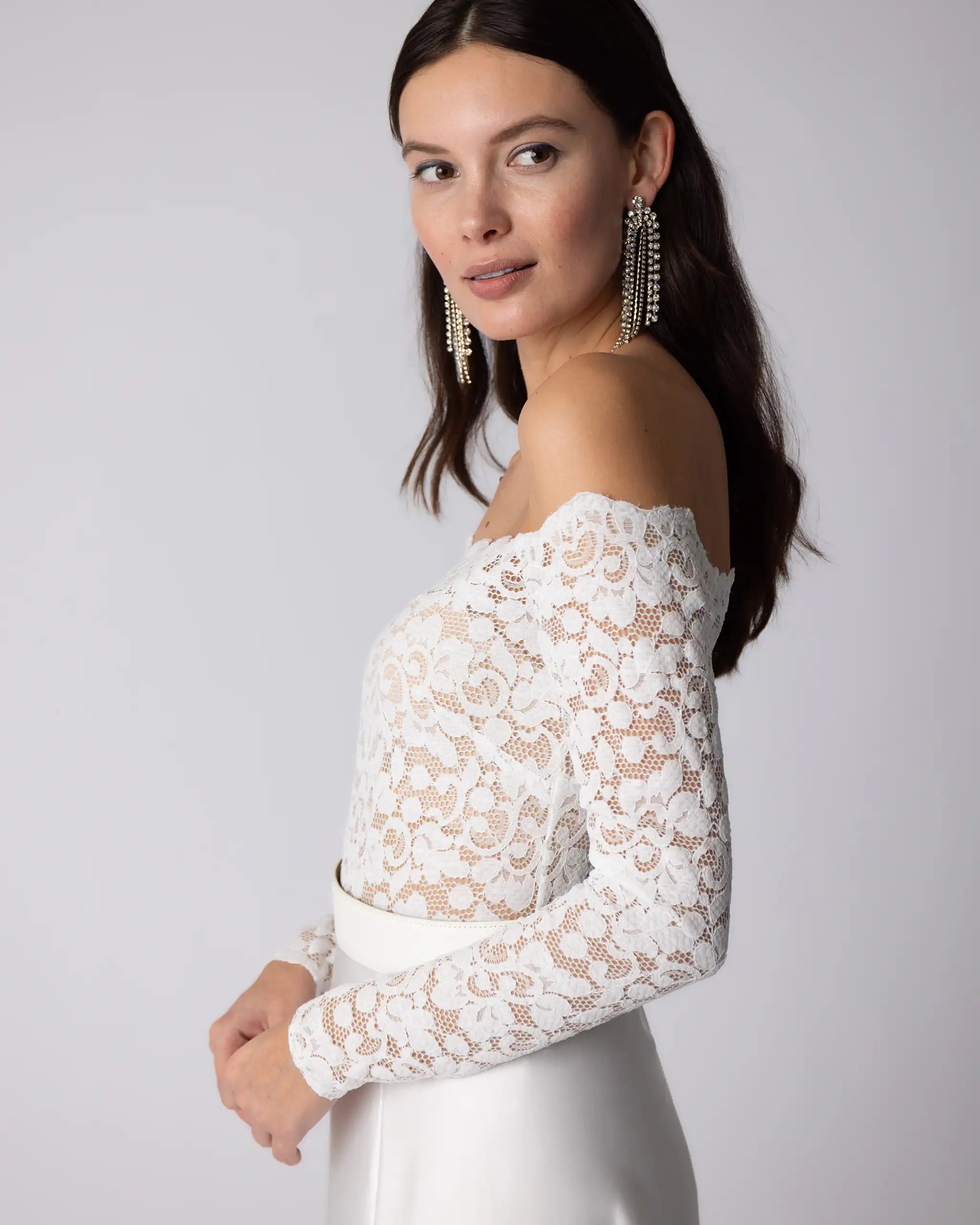 Off-Shoulder Boho langarm Brautbody Ansicht Seite