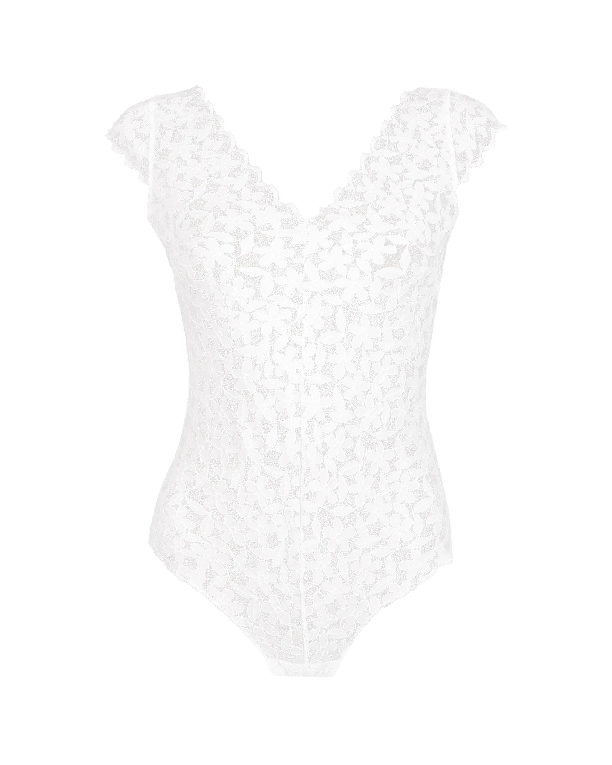 Kurzarm Brautbody aus floraler Spitze Freisteller vorne