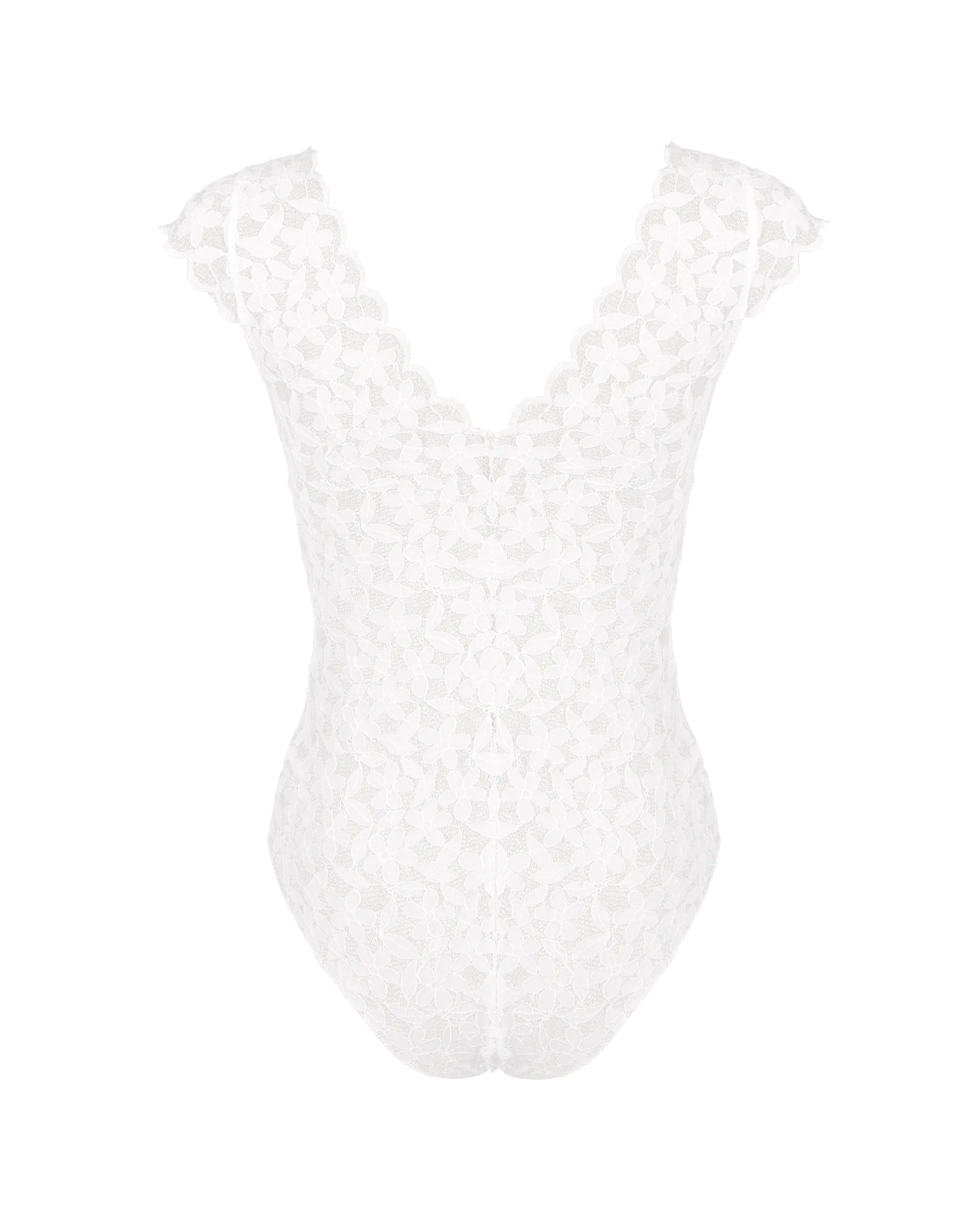 Kurzarm Brautbody aus floraler Spitze Freisteller hinten