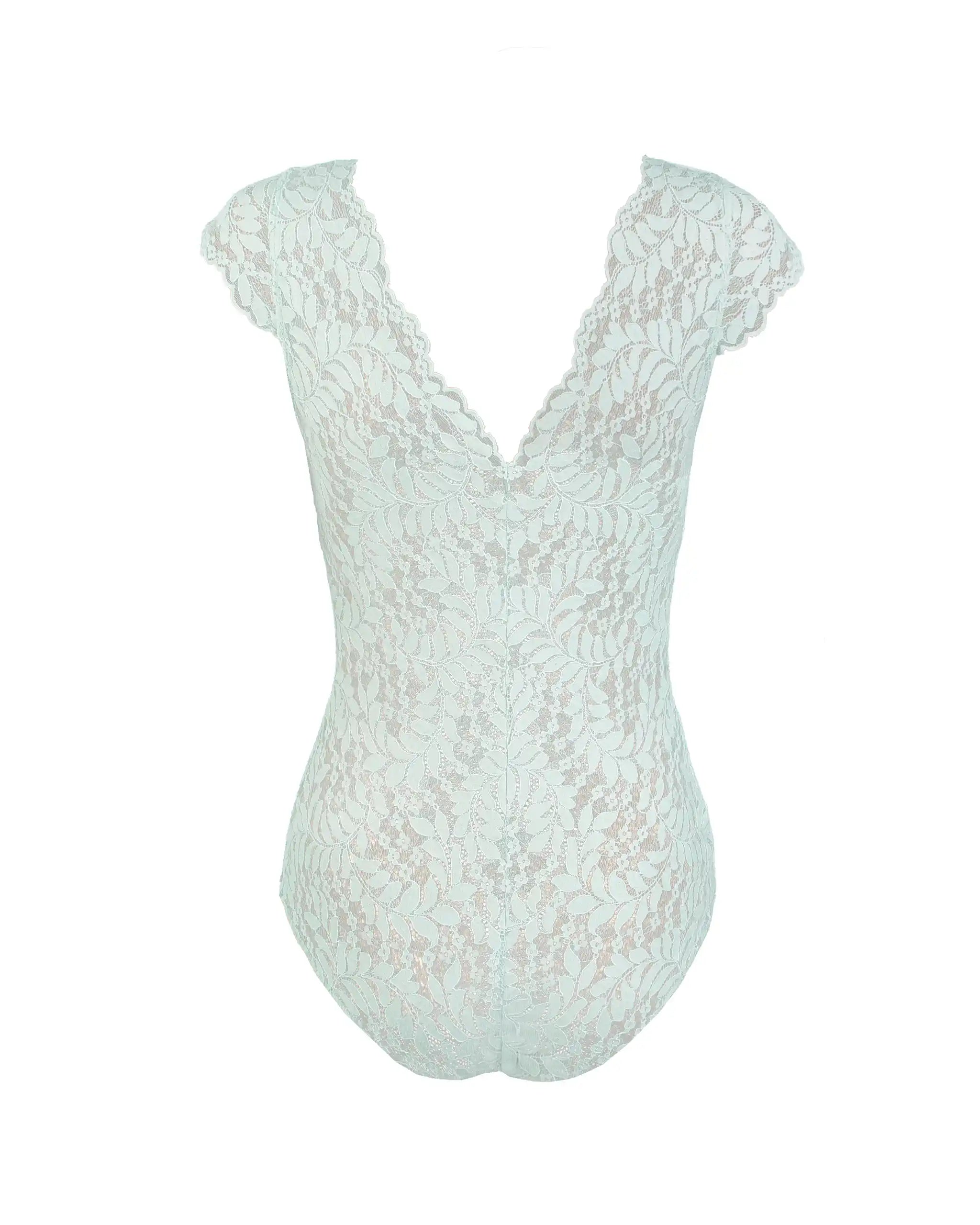 Kurzarm Body aus floraler Spitze mit V-Ausschnitt in salbeigrün Freisteller hinten
