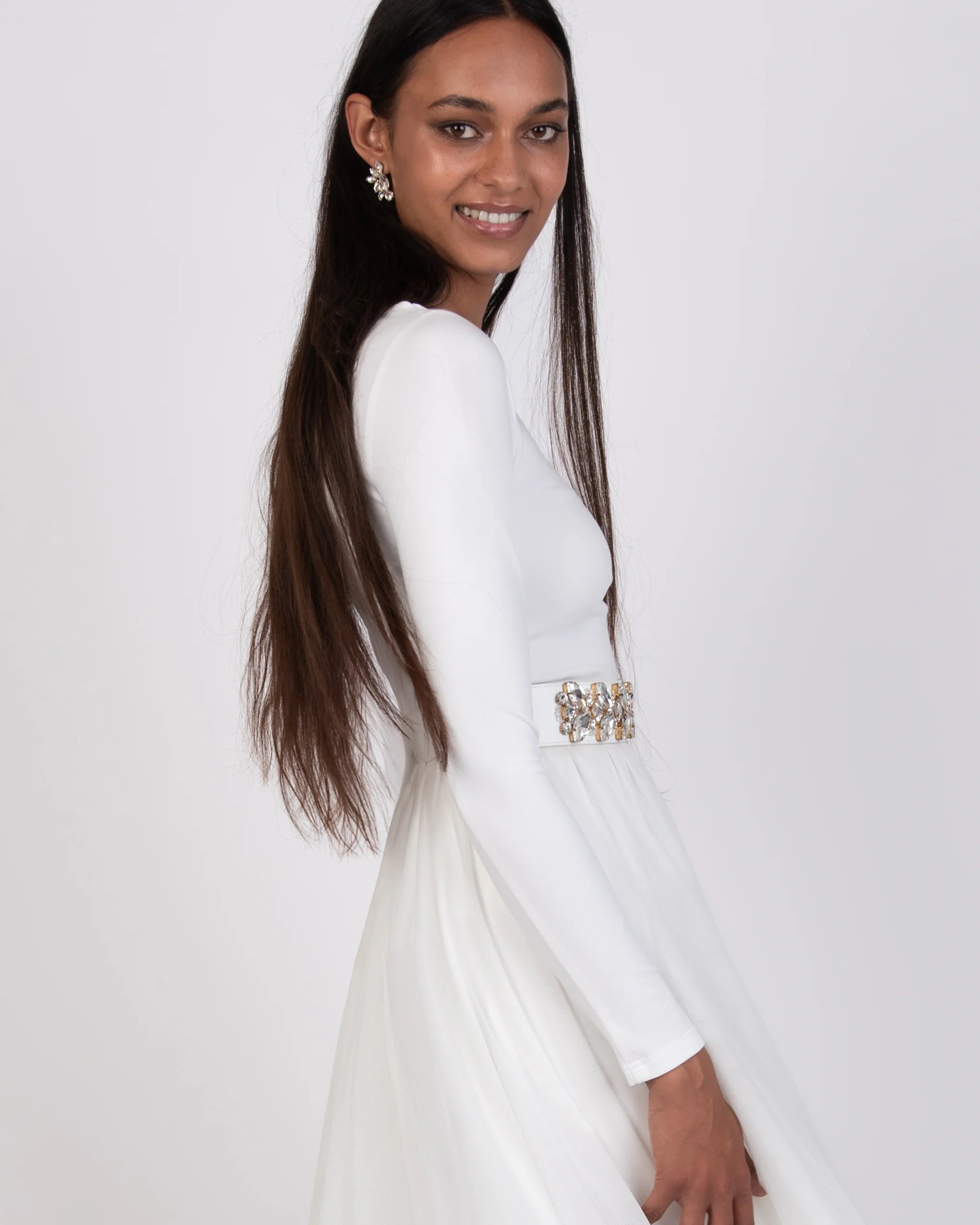 Schlichter langarm Brautbody mit Bateau Ausschnitt Ansicht Seite