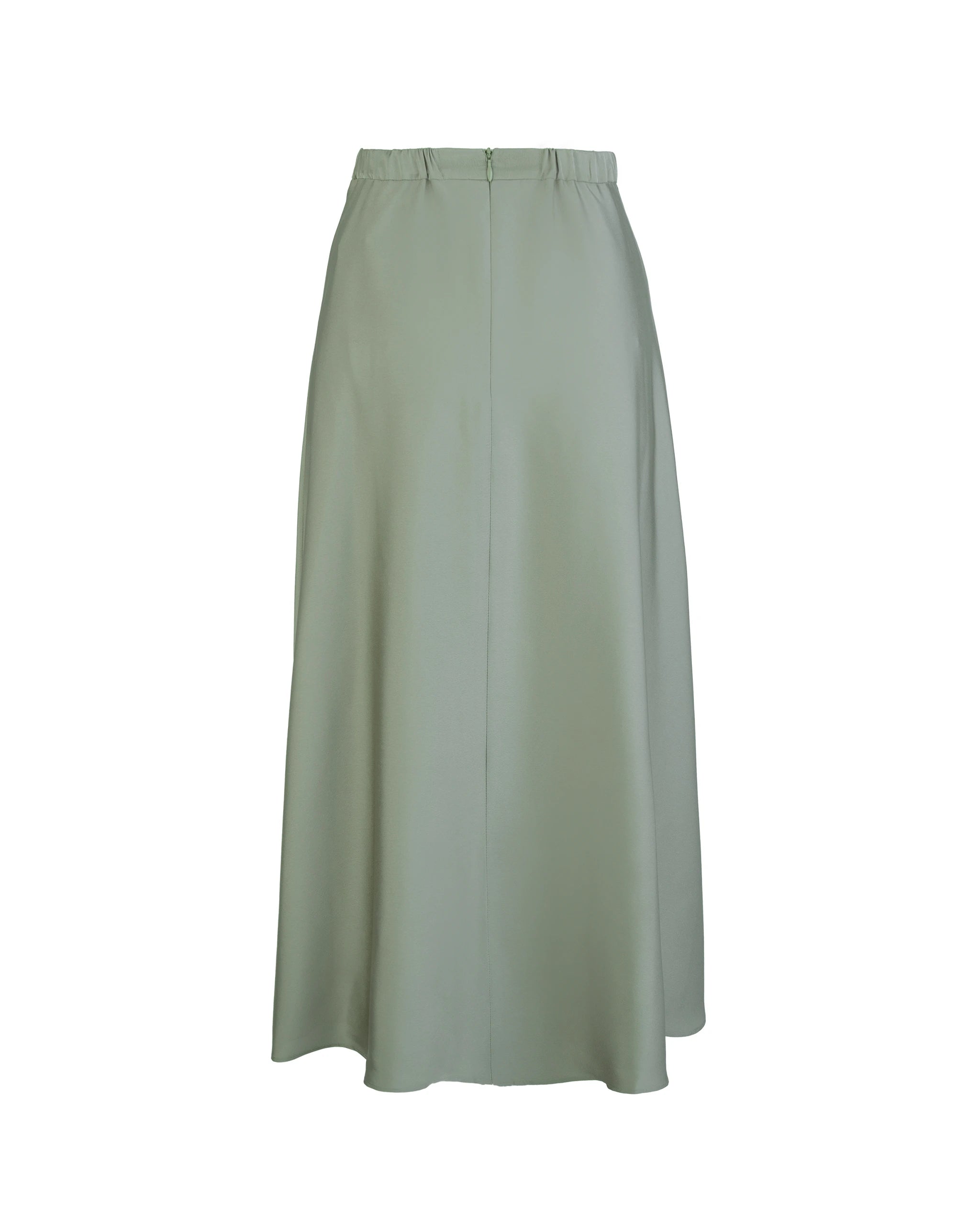 Wadenlanger Satinrock in olive Freisteller hinten