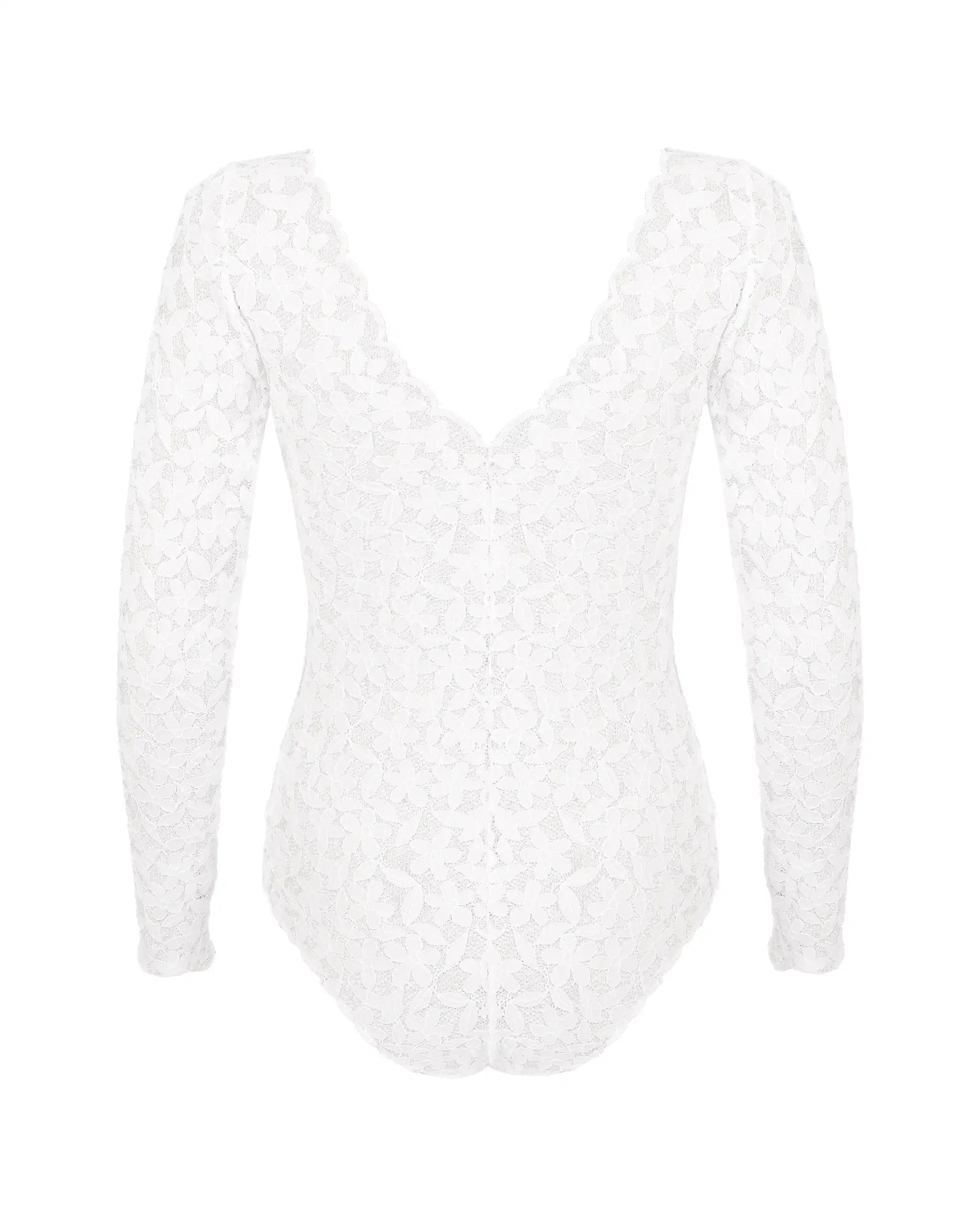 Langarm Brautbody mit Blumenspitze Freisteller hinten