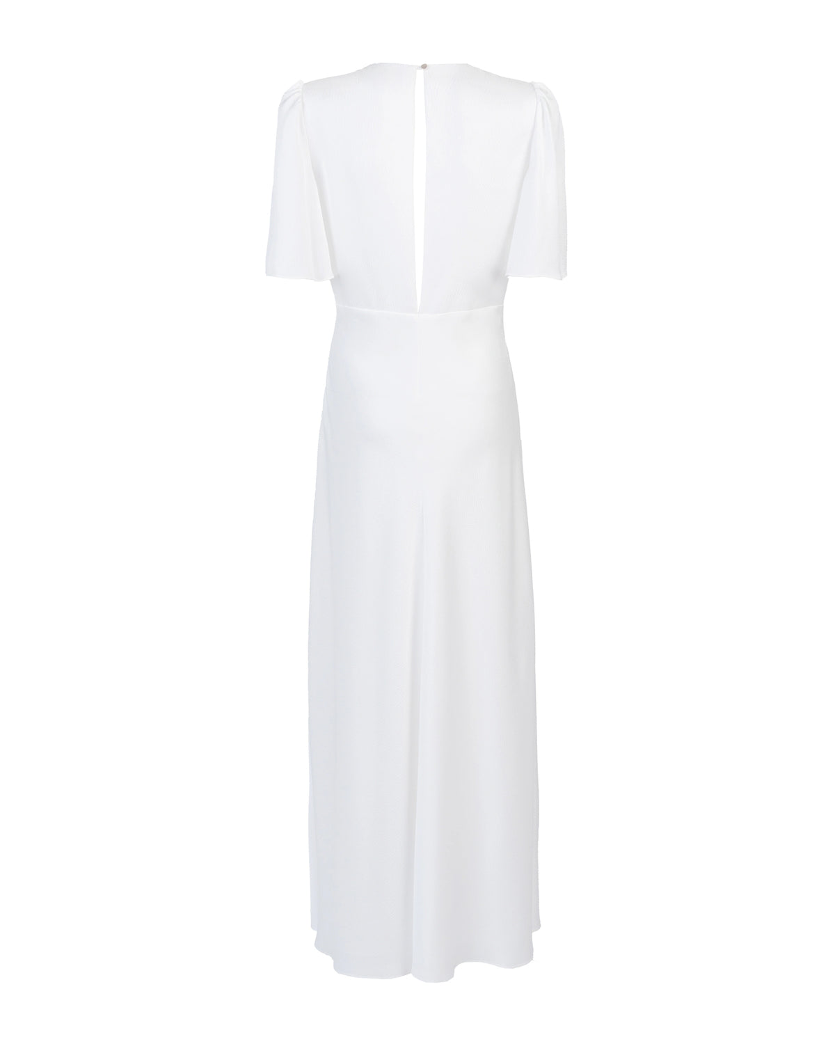 Bodenlanges Kurzarm Satin Brautkleid mit V-Ausschnitt Freisteller hinten