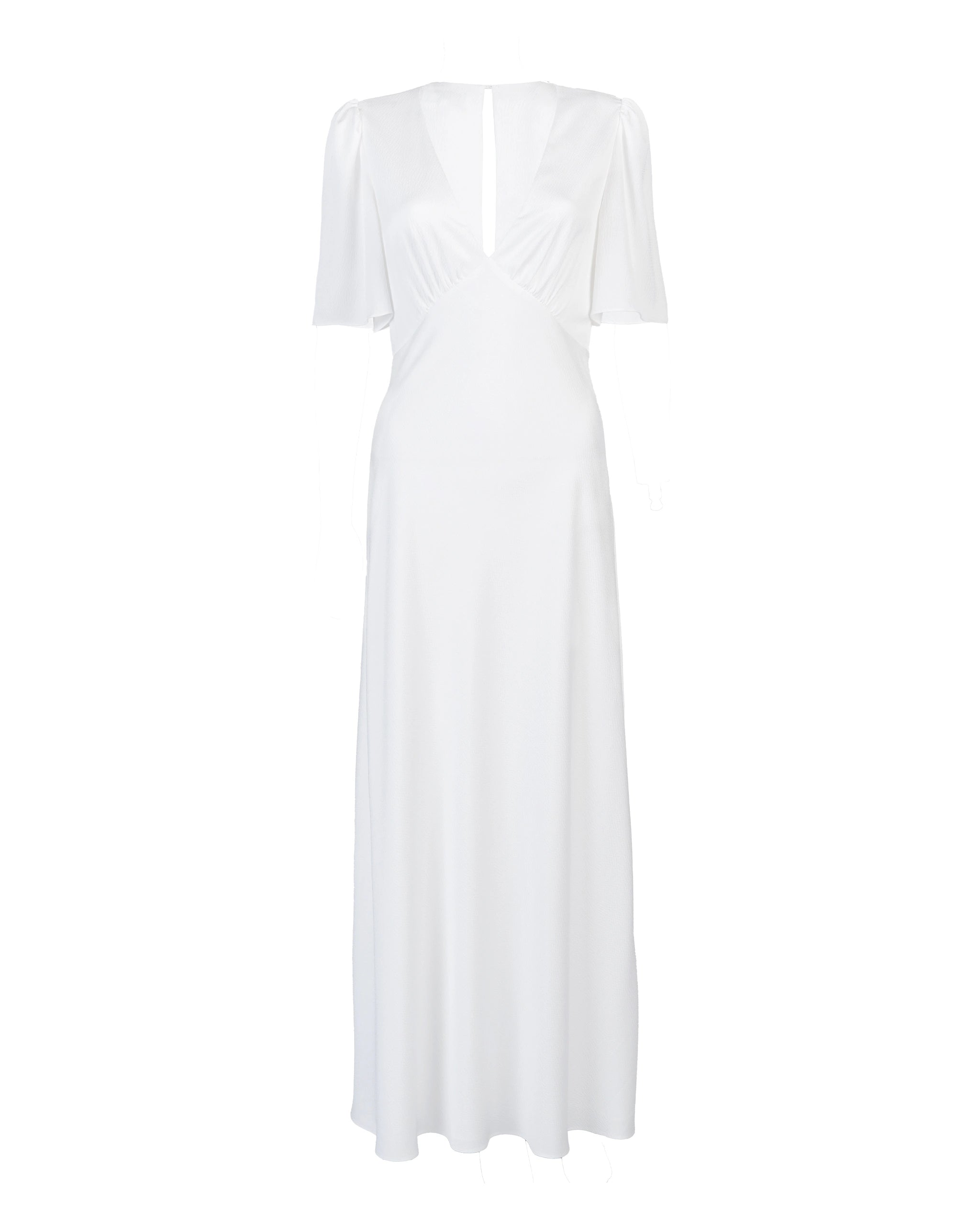 Bodenlanges Kurzarm Satin Brautkleid mit V-Ausschnitt Freisteller vorne