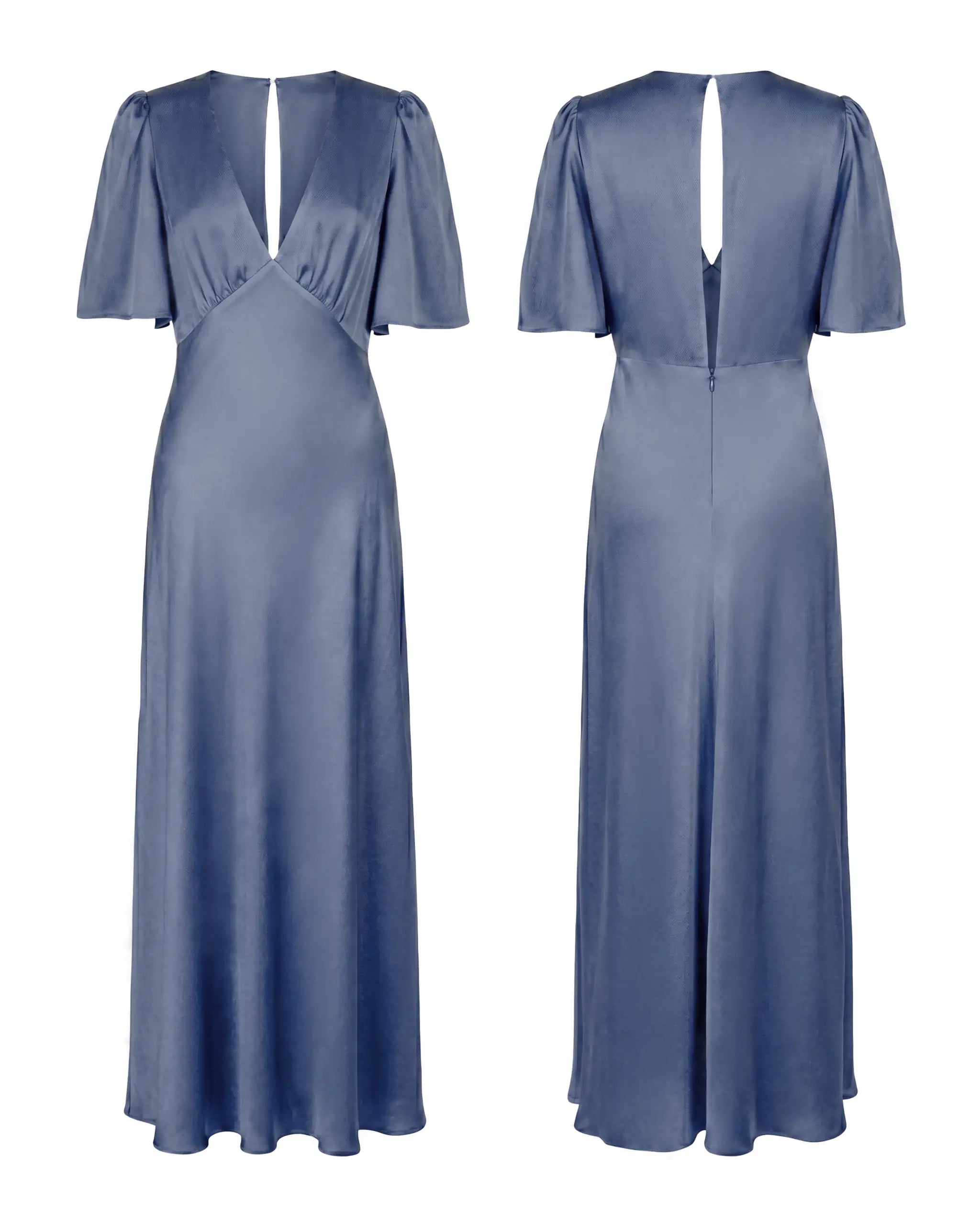 Bodenlanges Abendkleid in Blau mit V-Ausschnitt und kurzen Aermeln - Freisteller