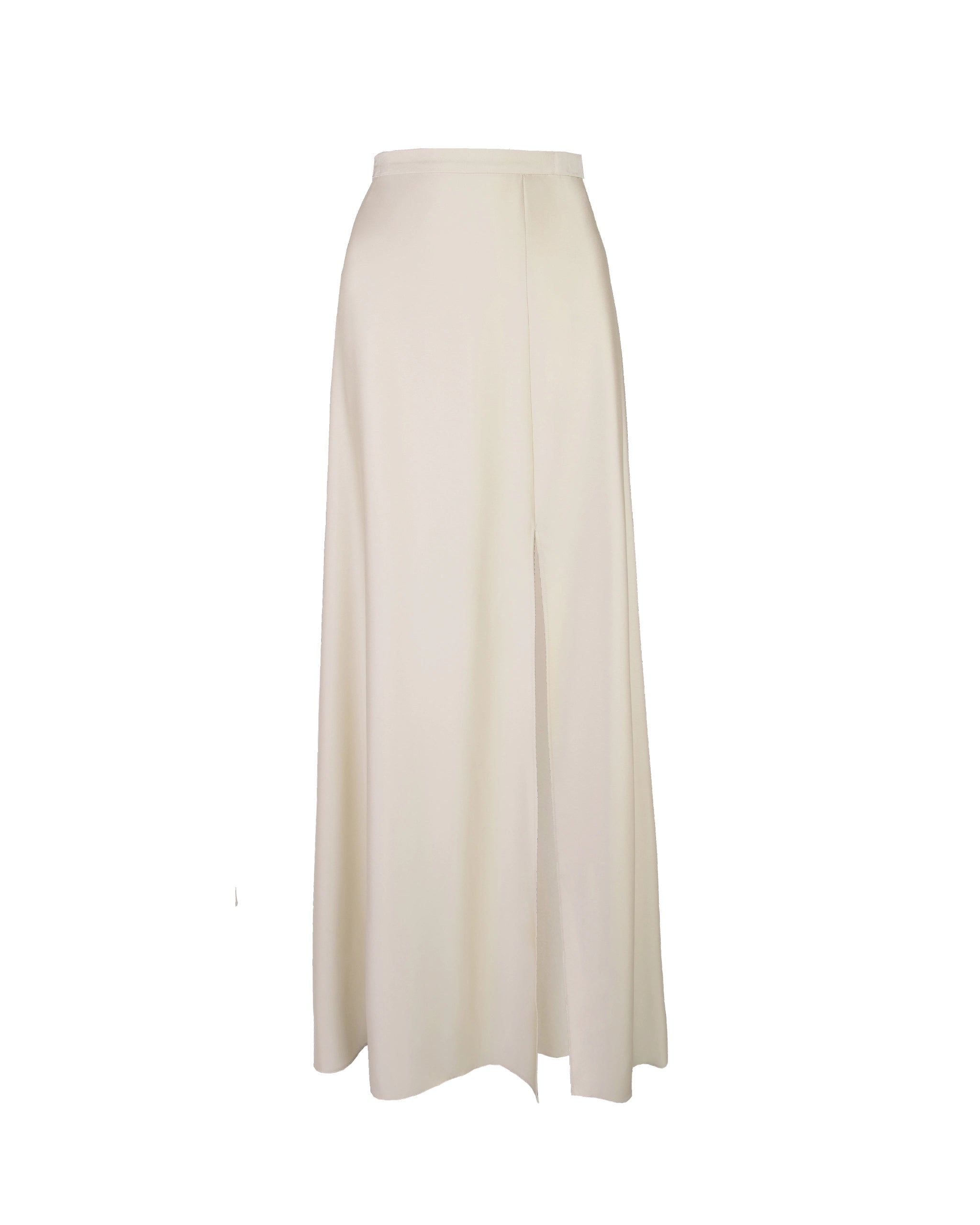 Bodenlanger Satinrock mit Schlitz in champagne Ansicht vorne