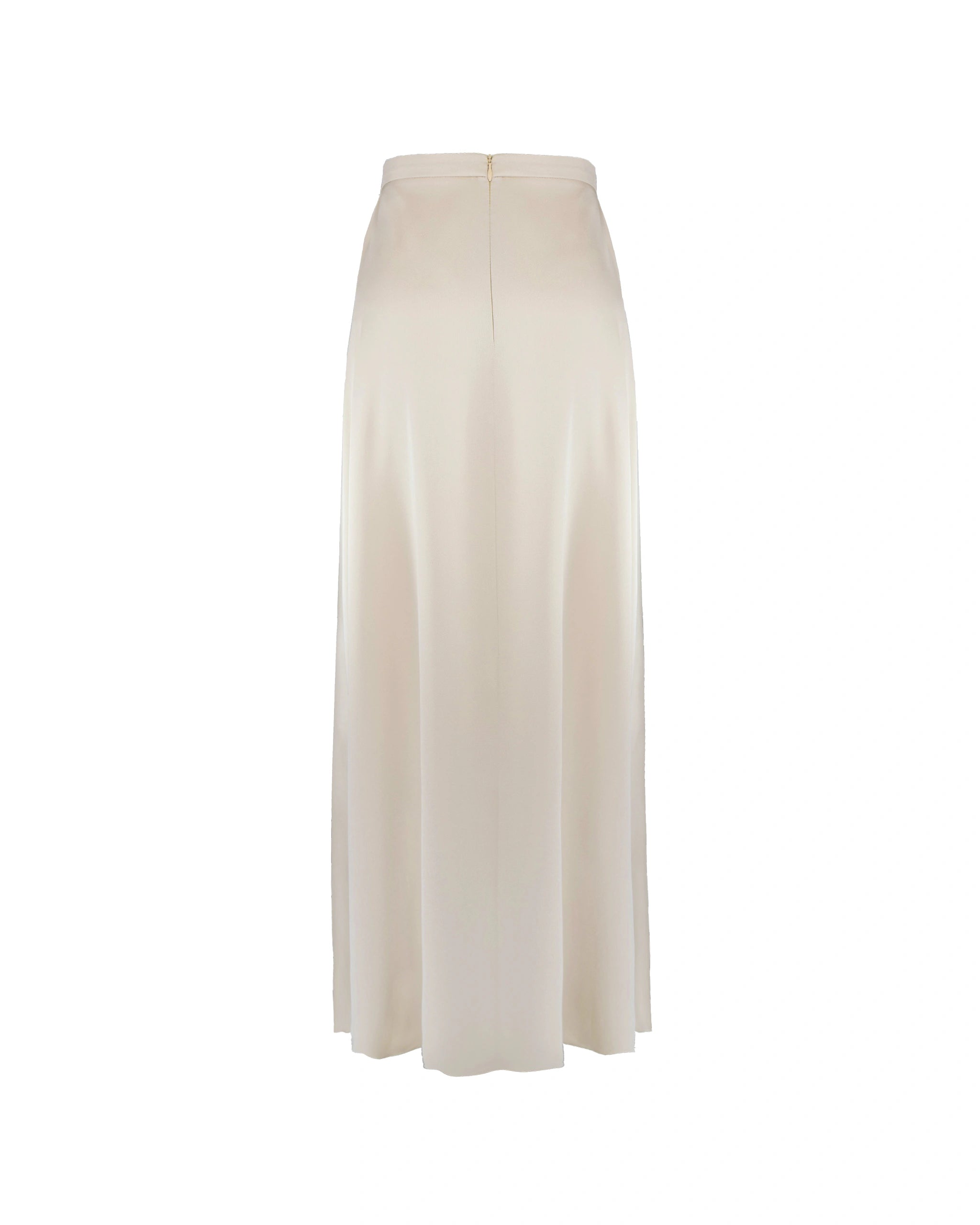 Bodenlanger Satinrock mit Schlitz in champagne Ansicht hinten