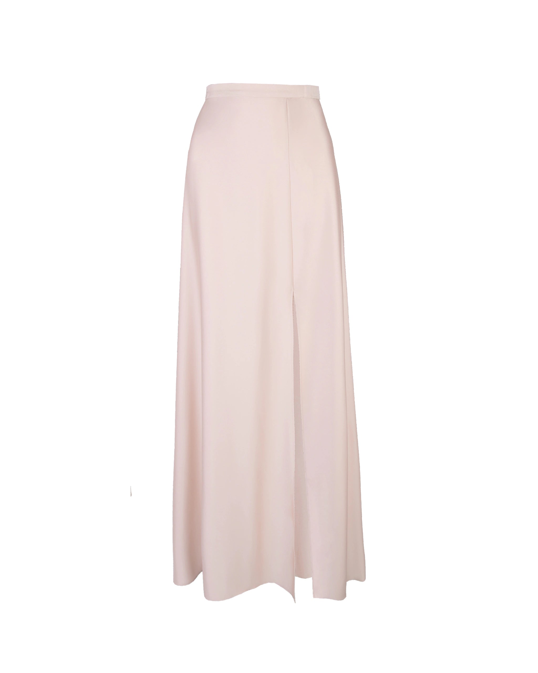 Bodenlanger Satinrock mit Schlitz in rosa Freisteller vorne