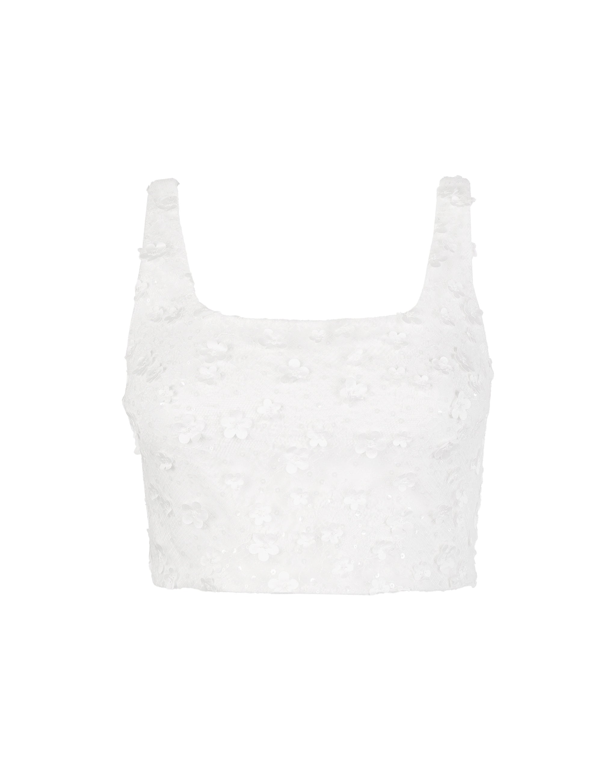 Braut Crop Top mit Karree-Ausschnitt und 3D-Blüten Freisteller vorne