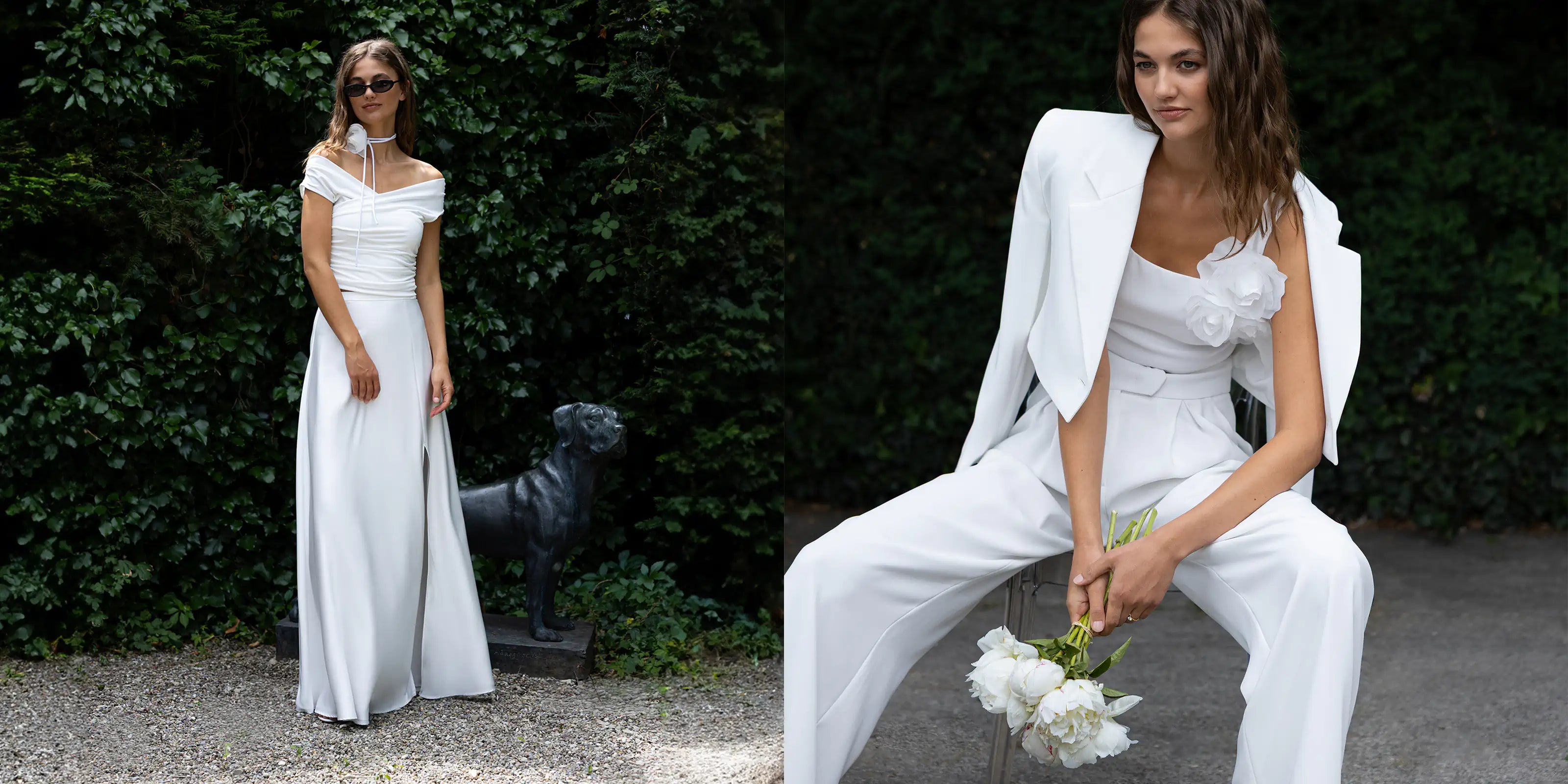 Moderne Hochzeitskleider mit Braut Hosenanzug und schlichtem Brautkleid im Garten fotografiert