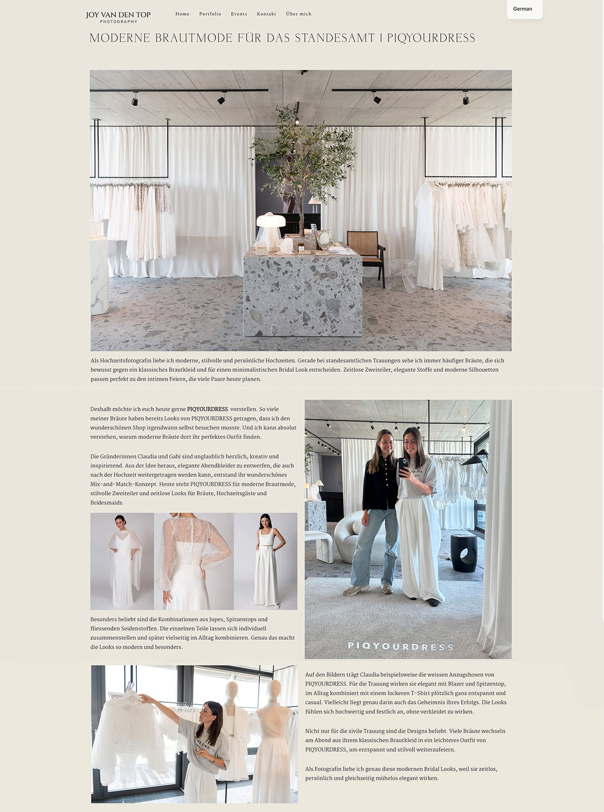 Presseartikel von Fotografin Joy van den Top über PIQYOURDRESS dem Schweizer Brautmode und Abendmode Label aus Zürich, Interview mit Claudia Schacher