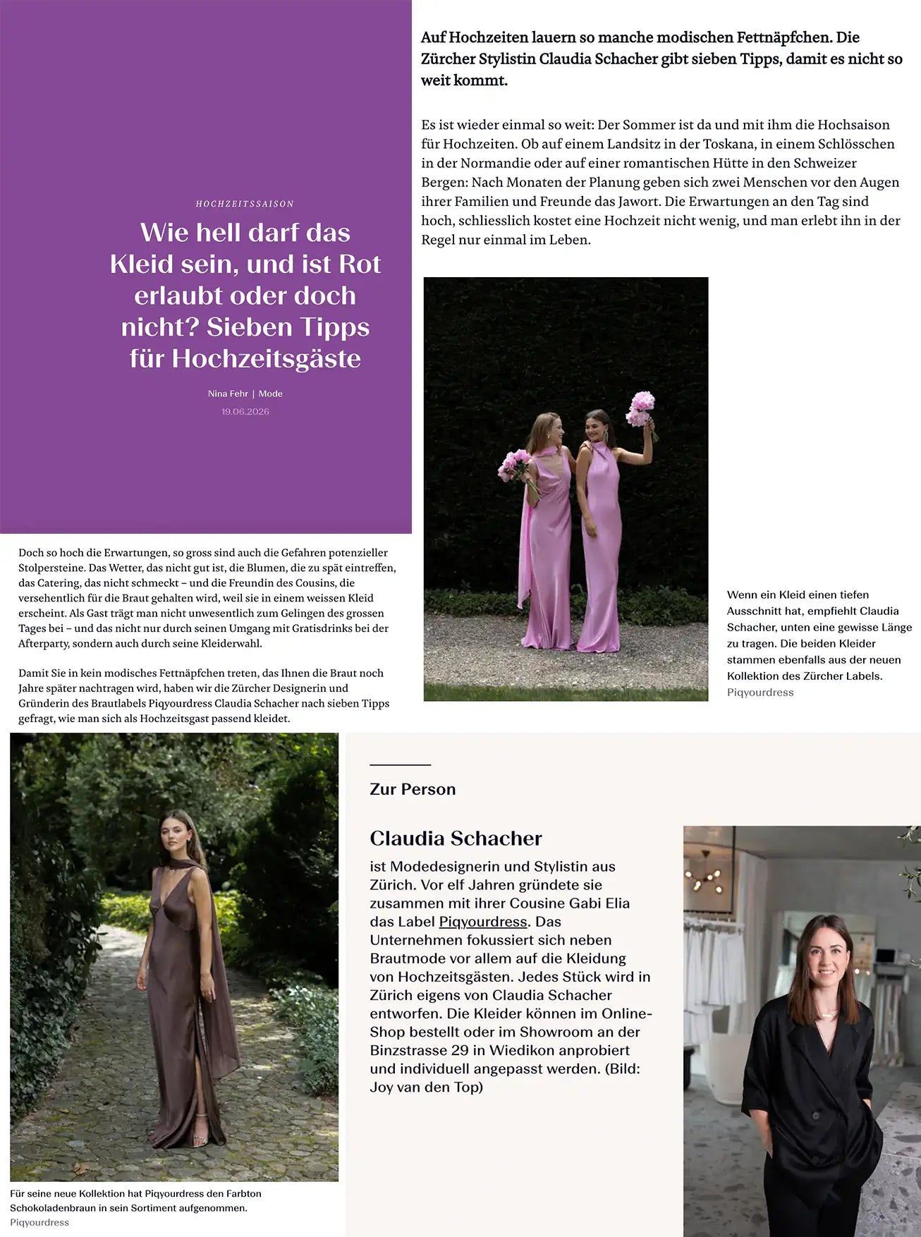 Presseartikel über PIQYOURDRESS im NZZ Bellevue online Magazin