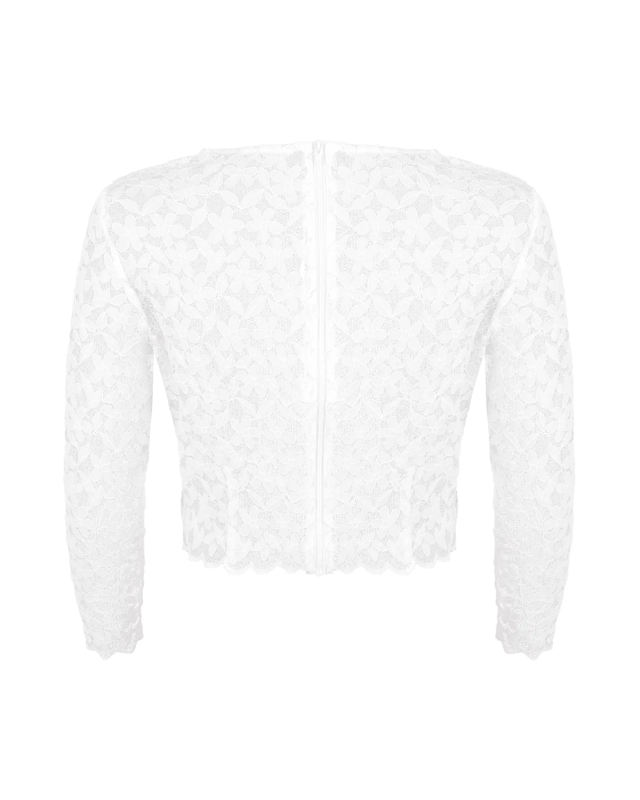 Braut Crop Top mit langen Ärmeln aus floraler Spitze Freisteller hinten