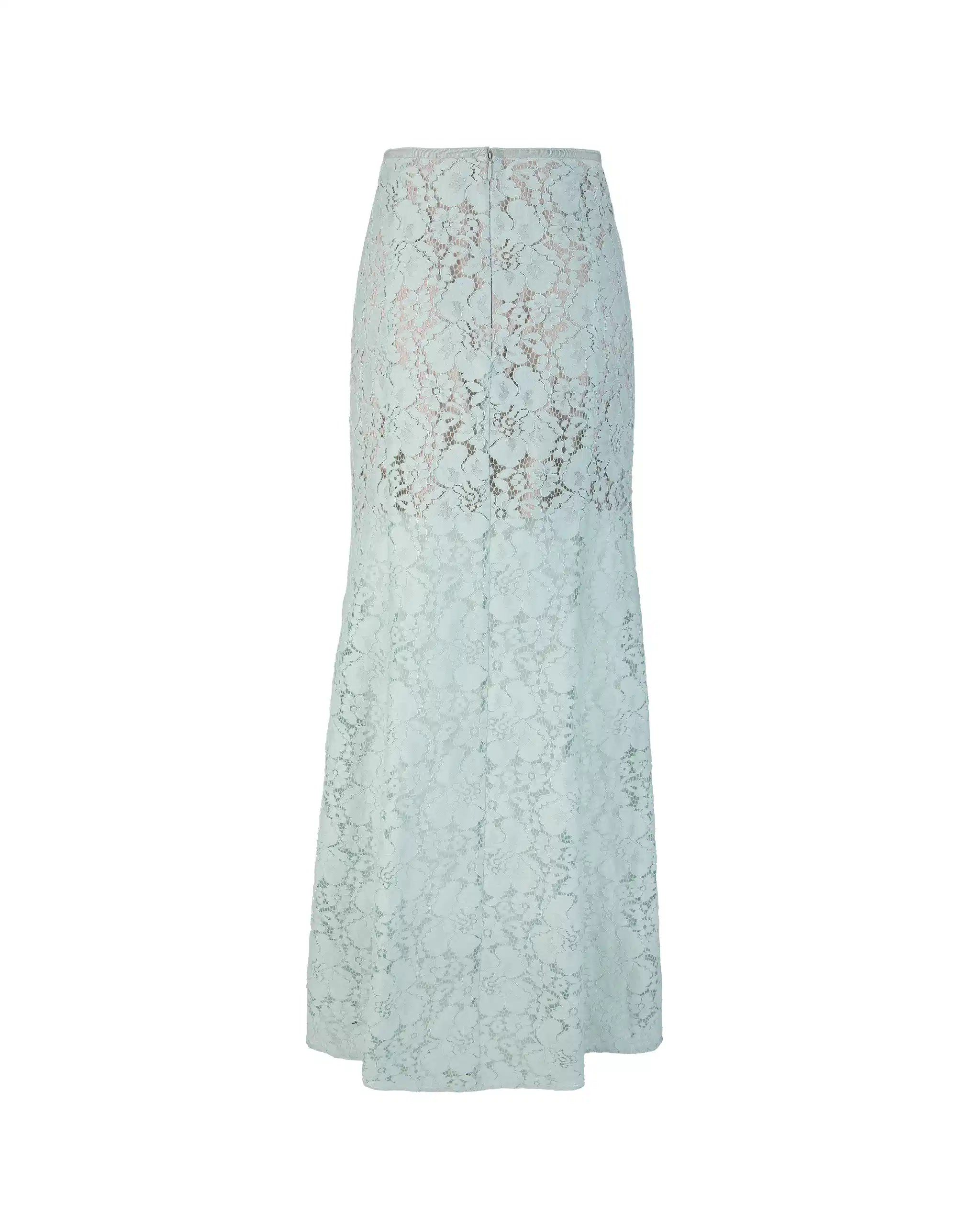 Rose Rock im Fit and Flair Schnitt aus Vintage Spitze in salbeigrün Freisteller hinten