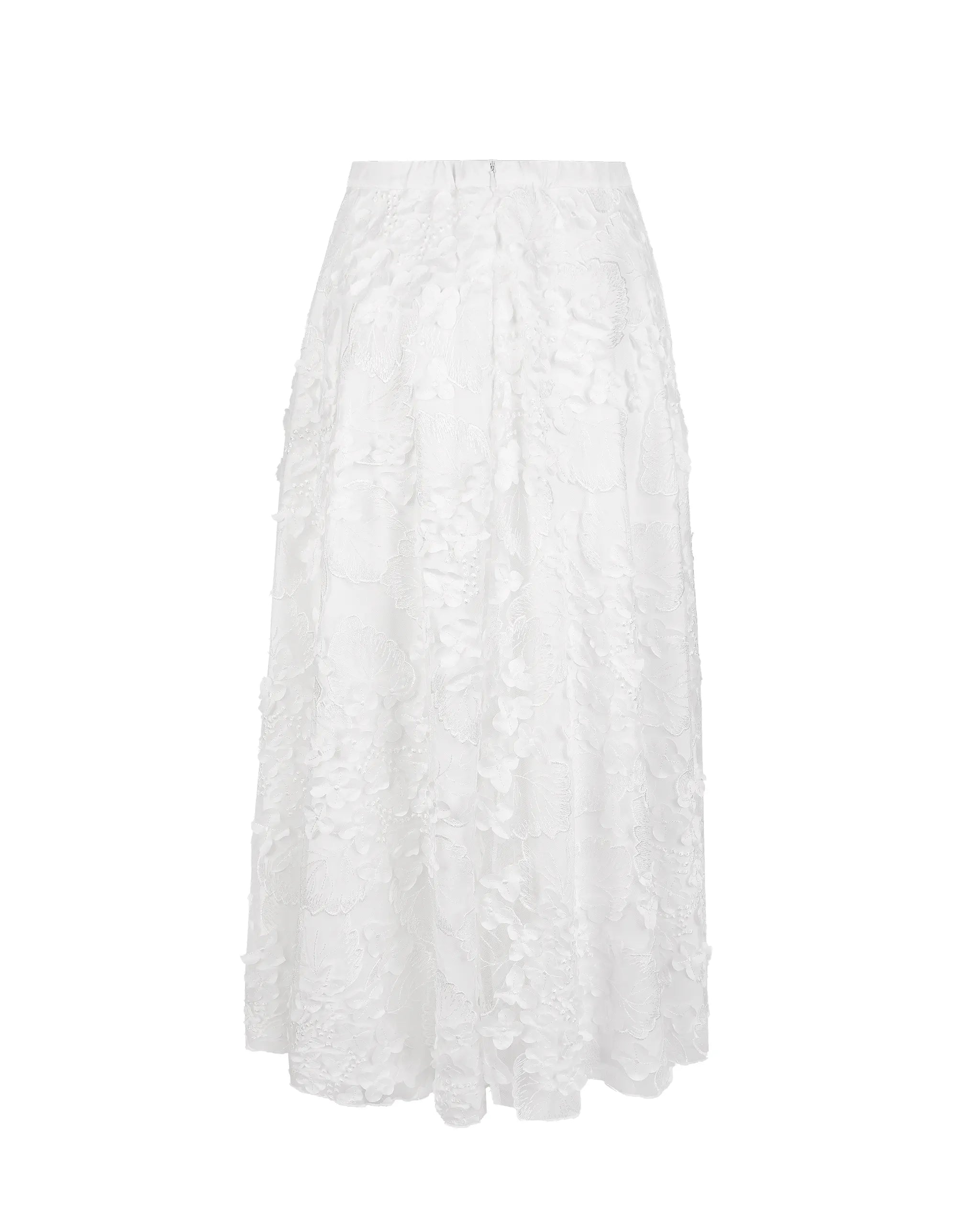 Wadenlanger Braut Tüllrock mit 3D-Blumen Freisteller hinten