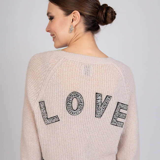 Strickjacke Cardigan champagner LOVE Applikationen - Ansicht hinten