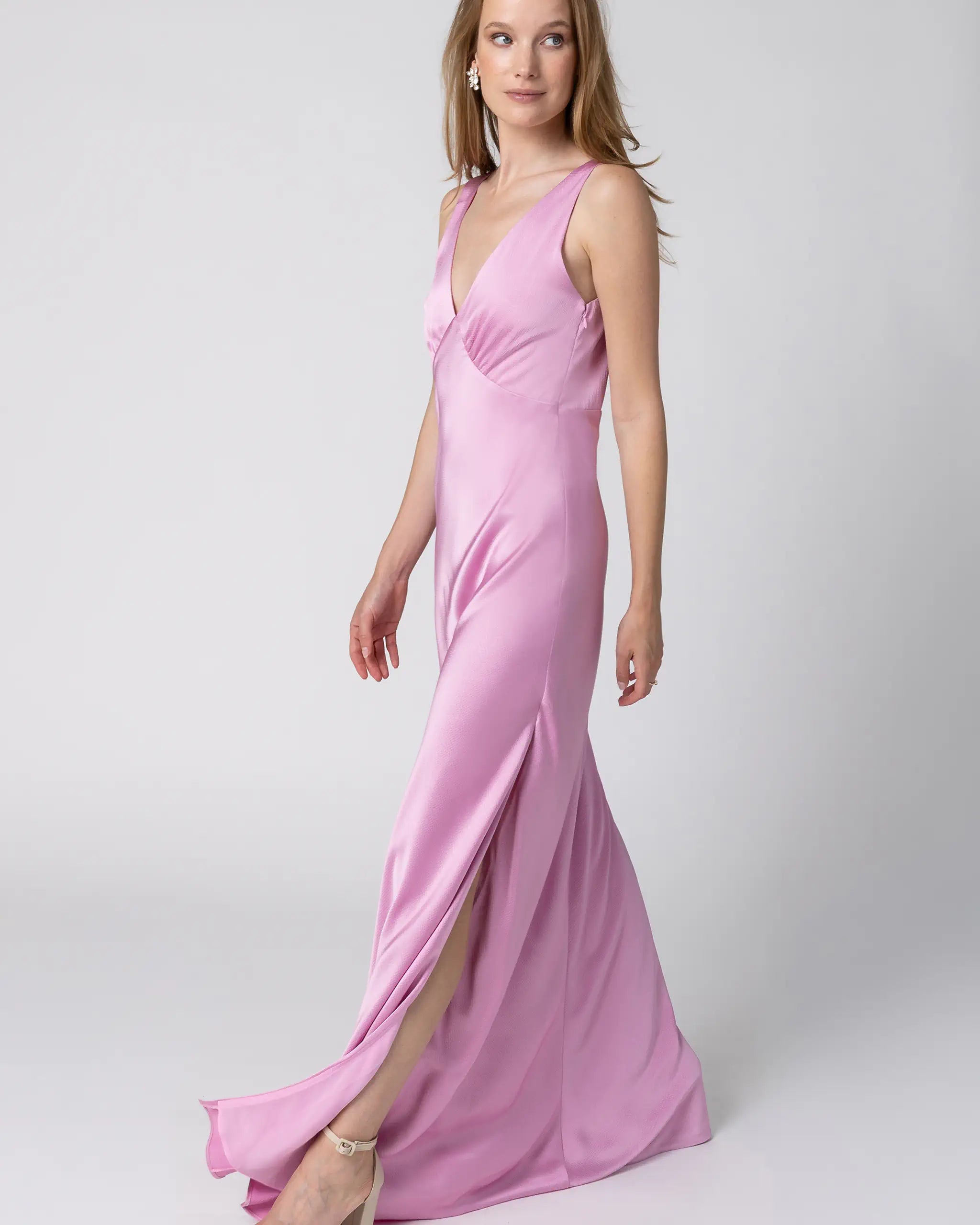 Aermelloses Abendkleid in Pink mit seitlichem Schlitz - Ansicht seitlich