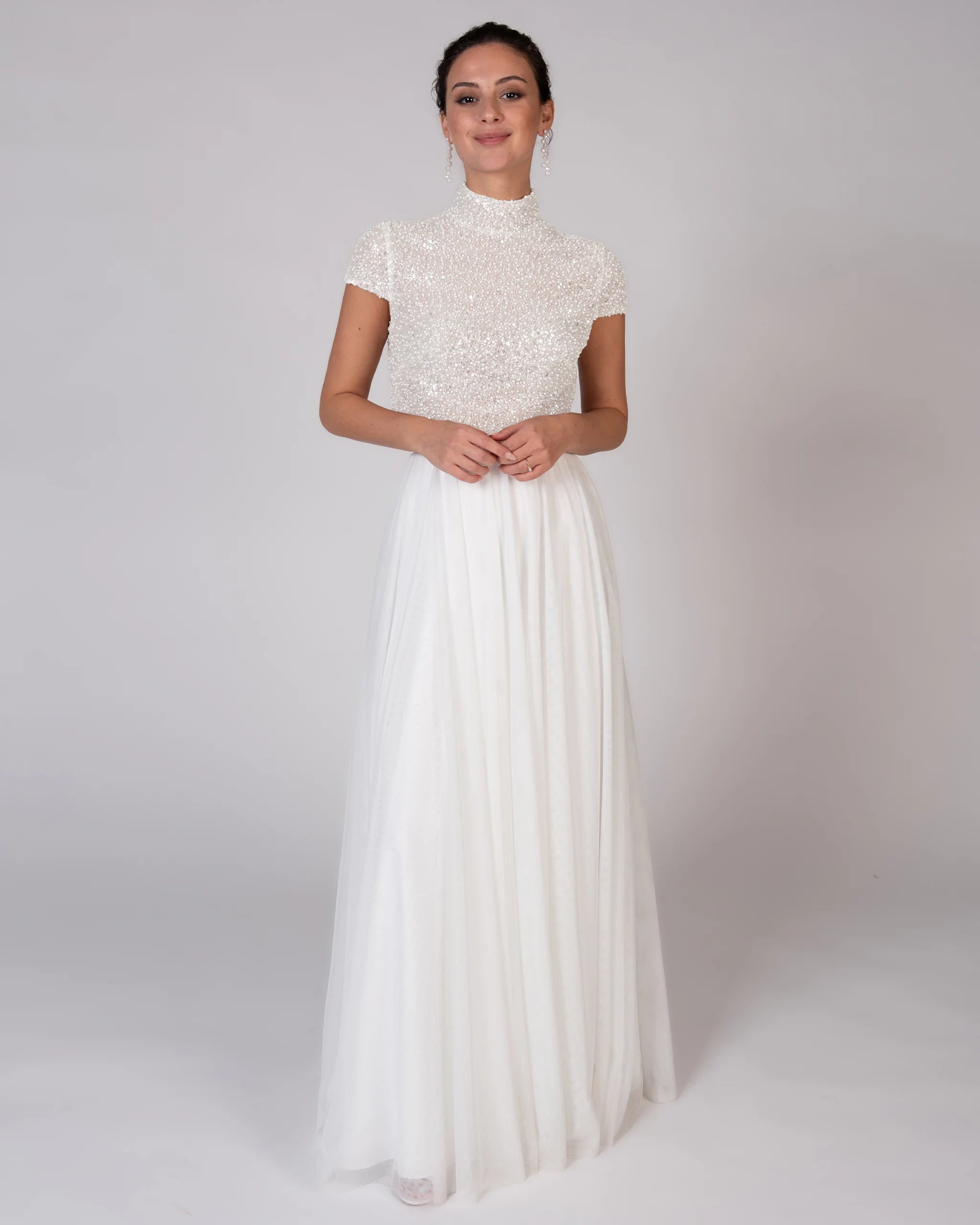 Perlenüberzogenes Kurzarm Braut Top Ansicht vorne