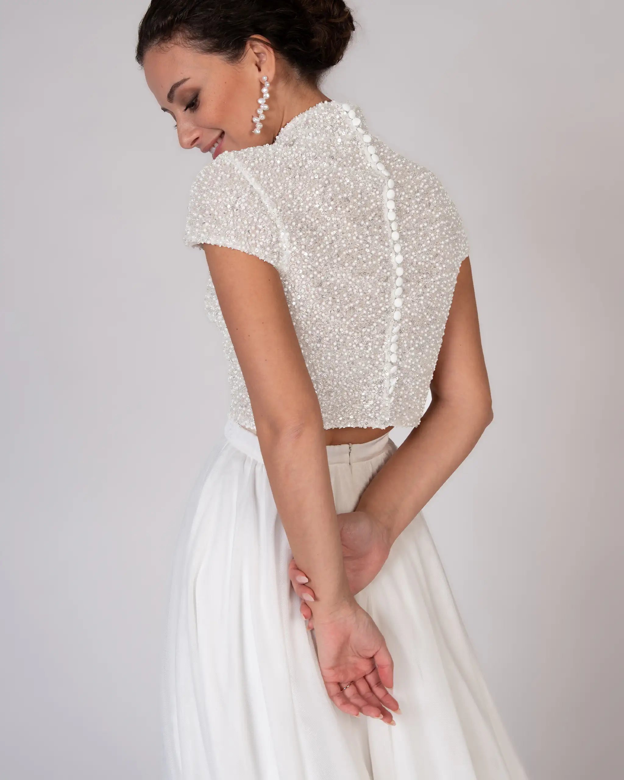 Perlenüberzogenes Kurzarm Braut Top Ansicht hinten