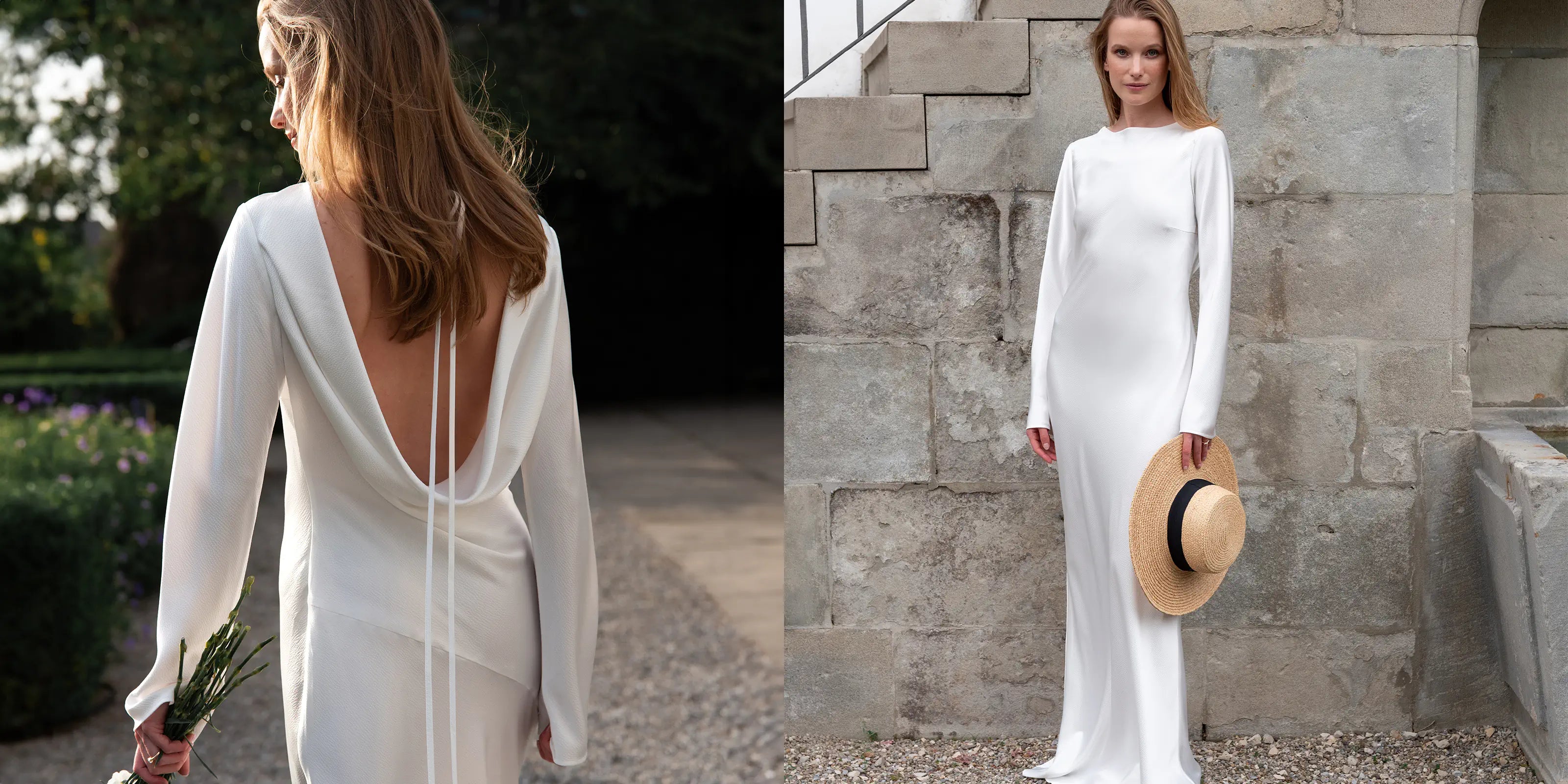 Modernes langärmliges Hochzeitskleid in Ivory mit tiefem Rückenausschnitt – Brautmode Schweiz